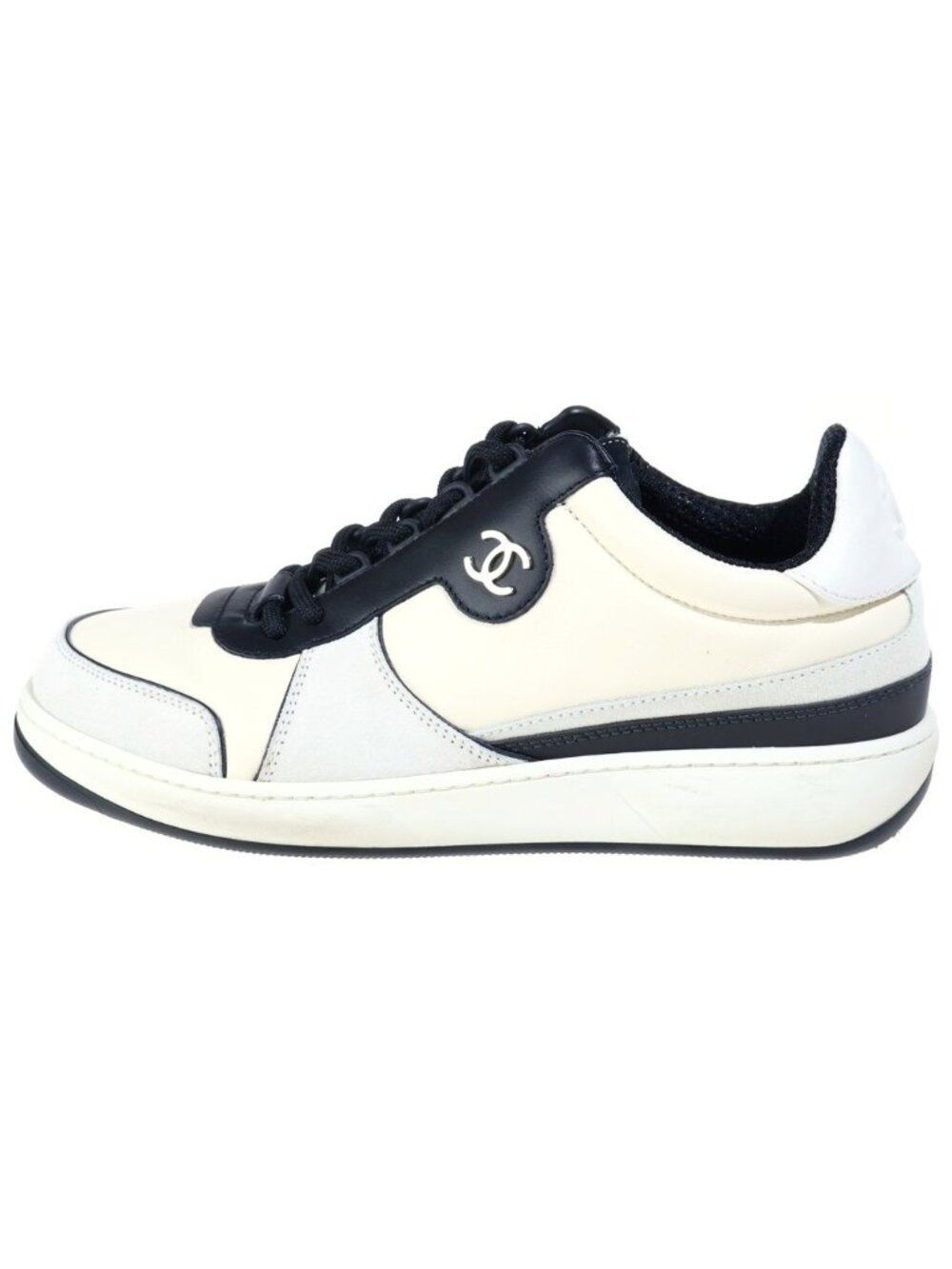Chanel CC Logo Leather Suede Switch Low Top Sneakers White